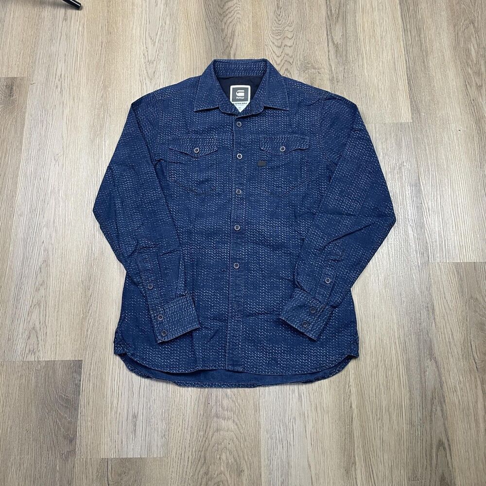 G-Star RAW Shirt Mens Medium Blue Denim Long Sleeve Button Up Chest Pockets